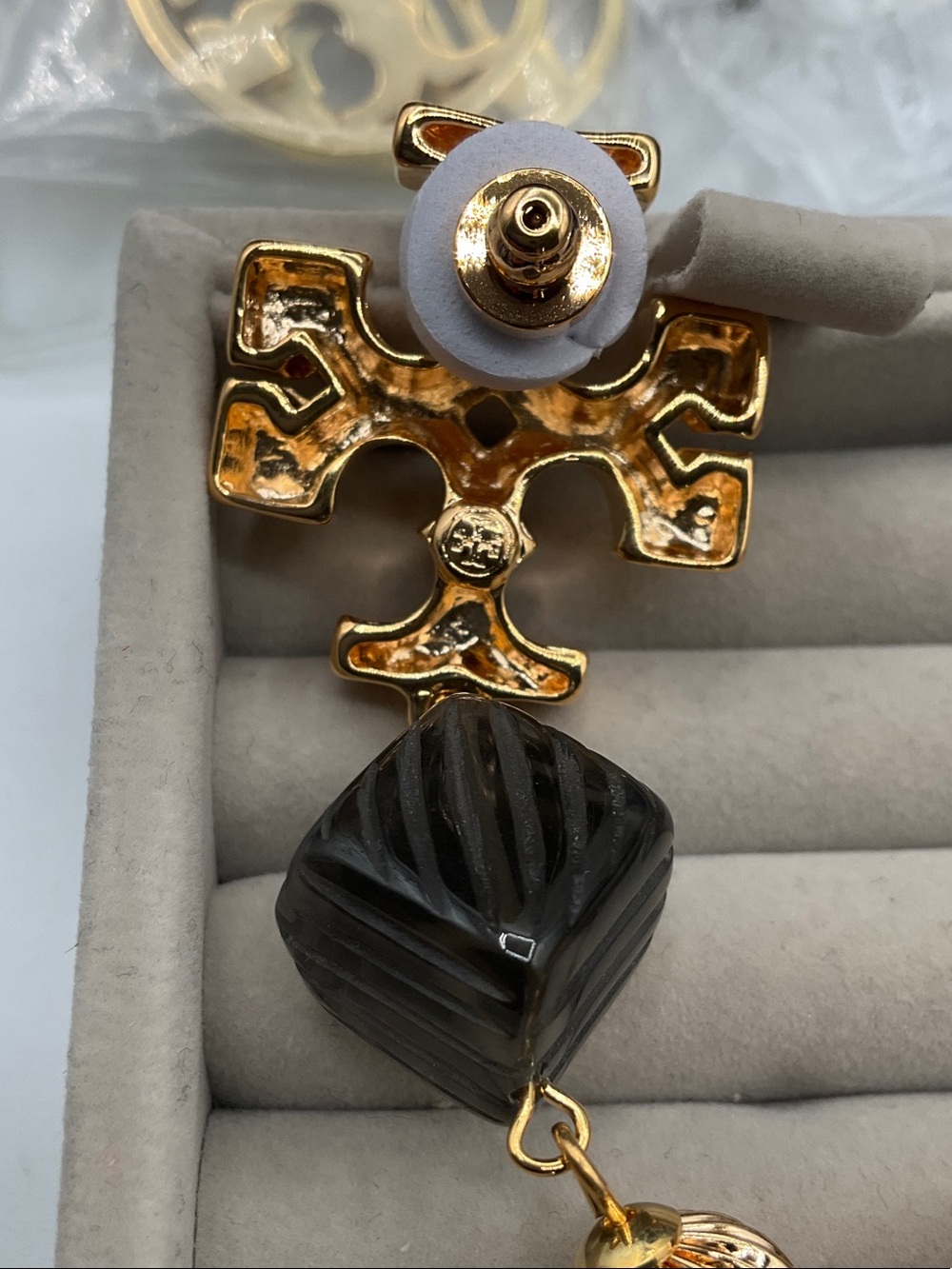 Tory Burch Gold and Black Roxanne Double Drop Clip-On Earrings - Picture 4 of 6